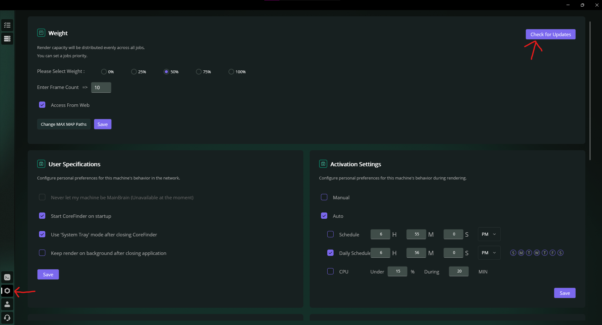 Settings – Check for updates