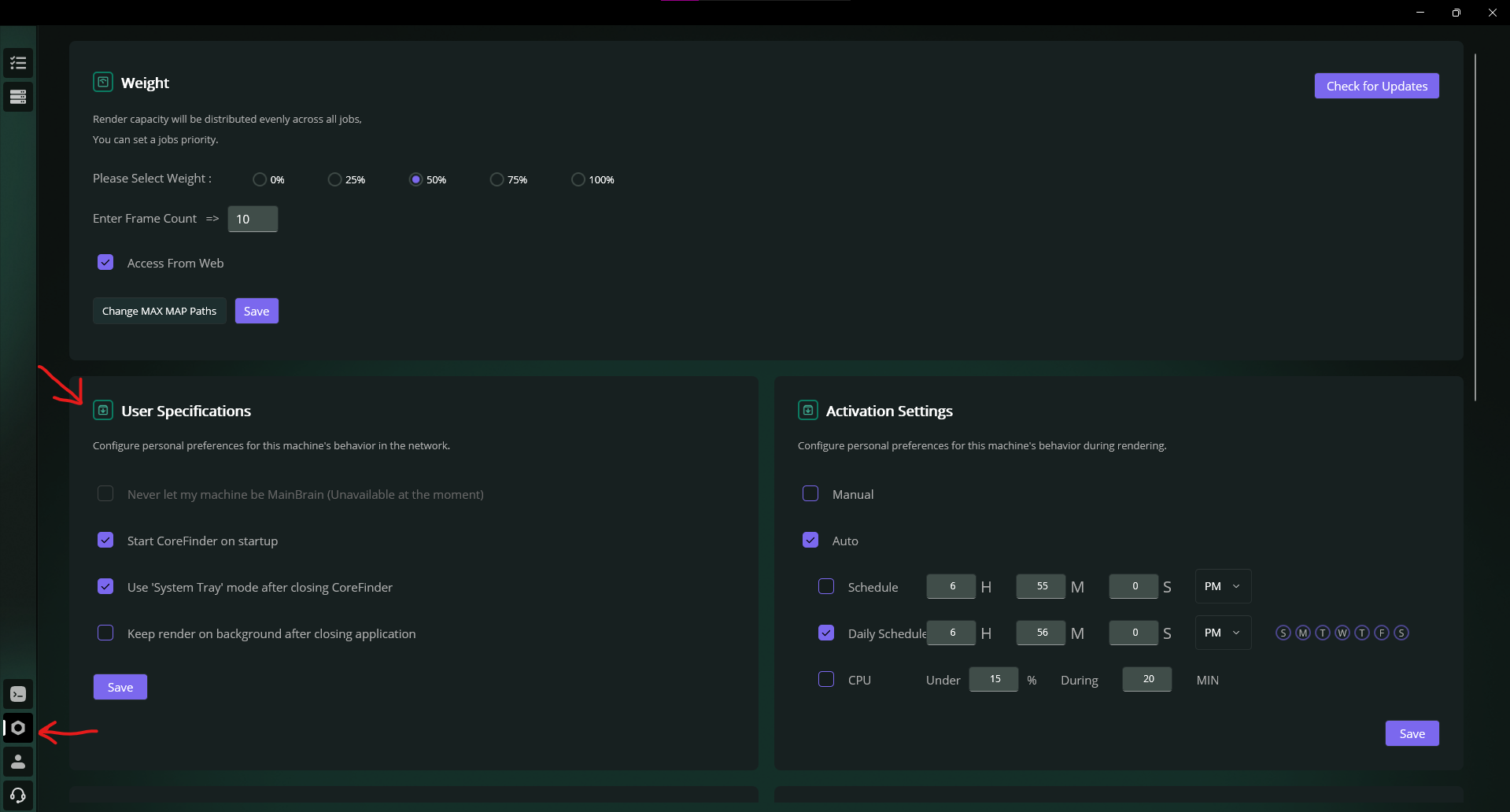 User Specifications in Settings